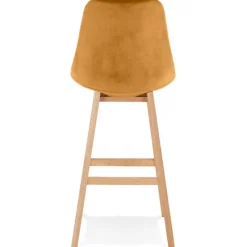 Tabouret de bar 'MORISS' en velours moutarde et pieds en bois naturel