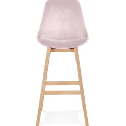 Tabouret de bar 'MORISS' en velours rose et pieds en bois naturel