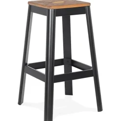 Tabouret haut style industriel 'LIDYA' avec structure en métal noir et assise en bois