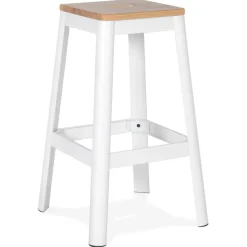 Tabouret haut style industriel 'LIDYA' avec structure en métal blanc et assise en bois