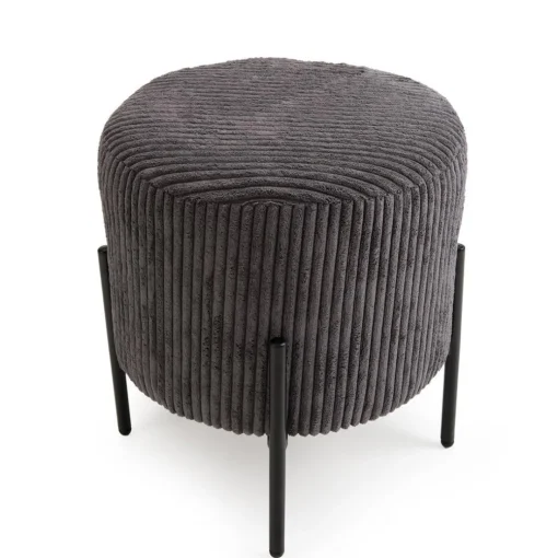 Tabouret Rond ALBANE Velours Cotelé Gris Anthracite Pieds Métal