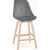 Tabouret snack mi-hauteur 'MORISS MINI' en velours gris et pieds en bois naturel