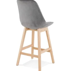 Tabouret snack mi-hauteur 'MORISS MINI' en velours gris et pieds en bois naturel