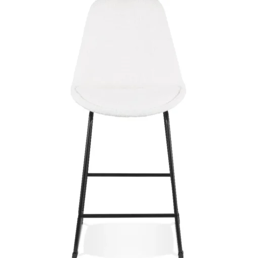 Tabouret snack mi-hauteur 'ALICE MINI' en tissu bouloché blanc et pied traineau en métal noir
