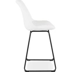 Tabouret snack mi-hauteur 'ALICE MINI' en tissu bouloché blanc et pied traineau en métal noir