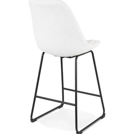 Tabouret snack mi-hauteur 'ALICE MINI' en tissu bouloché blanc et pied traineau en métal noir