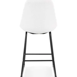 Tabouret snack mi-hauteur 'ALICE MINI' en tissu bouloché blanc et pied traineau en métal noir