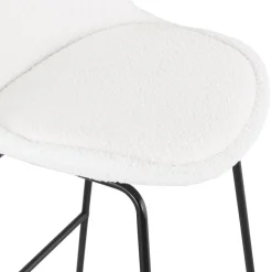 Tabouret snack mi-hauteur 'ALICE MINI' en tissu bouloché blanc et pied traineau en métal noir