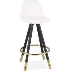 Tabouret snack mi-hauteur 'CLARISSE MINI' en tissu bouloché blanc et 4 pieds en bois noir