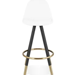 Tabouret snack mi-hauteur 'CLARISSE MINI' en tissu bouloché blanc et 4 pieds en bois noir