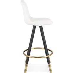 Tabouret snack mi-hauteur 'CLARISSE MINI' en tissu bouloché blanc et 4 pieds en bois noir