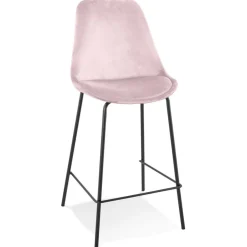 Tabouret snack mi-hauteur 'SPARK MINI' en velours rose et pieds en métal noir