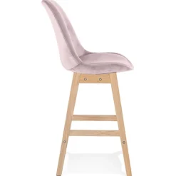 Tabouret snack mi-hauteur 'MORISS MINI' en velours rose et pieds en bois naturel