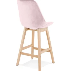 Tabouret snack mi-hauteur 'MORISS MINI' en velours rose et pieds en bois naturel