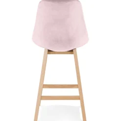 Tabouret snack mi-hauteur 'MORISS MINI' en velours rose et pieds en bois naturel