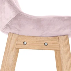 Tabouret snack mi-hauteur 'MORISS MINI' en velours rose et pieds en bois naturel