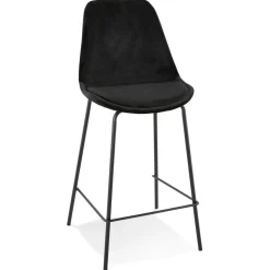 Tabouret snack mi-hauteur 'SPARK MINI' en velours noir et pieds en métal noir