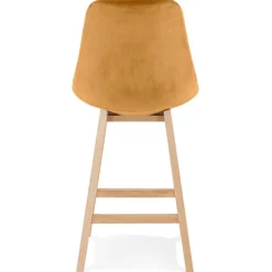 Tabouret snack mi-hauteur 'MORISS MINI' en velours moutarde et pieds en bois naturel