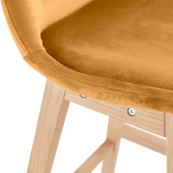 Tabouret snack mi-hauteur 'MORISS MINI' en velours moutarde et pieds en bois naturel