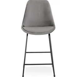Tabouret snack mi-hauteur 'BULLY MINI' en velours gris et pieds en métal noir