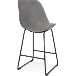Tabouret snack mi-hauteur 'BULLY MINI' en velours gris et pieds en métal noir