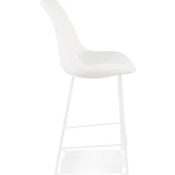 Tabouret snack mi-hauteur 'LEONIE MINI' en tissu bouloché blanc et pied en métal blanc