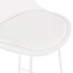 Tabouret snack mi-hauteur 'LEONIE MINI' en tissu bouloché blanc et pied en métal blanc