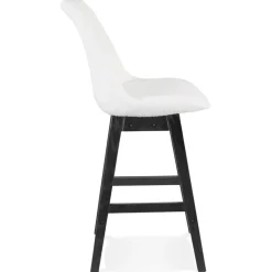 Tabouret snack mi-hauteur 'SANDRA MINI' en tissu bouloché blanc et pied en bois noir