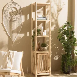 Étagère 2 niveaux et 1 porte en branches de teck naturel WILL Beige