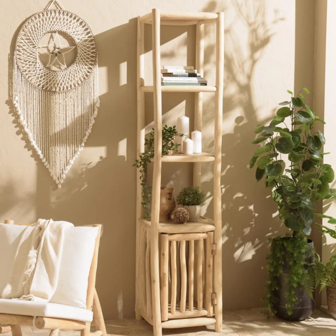 Étagère 2 niveaux et 1 porte en branches de teck naturel WILL Beige