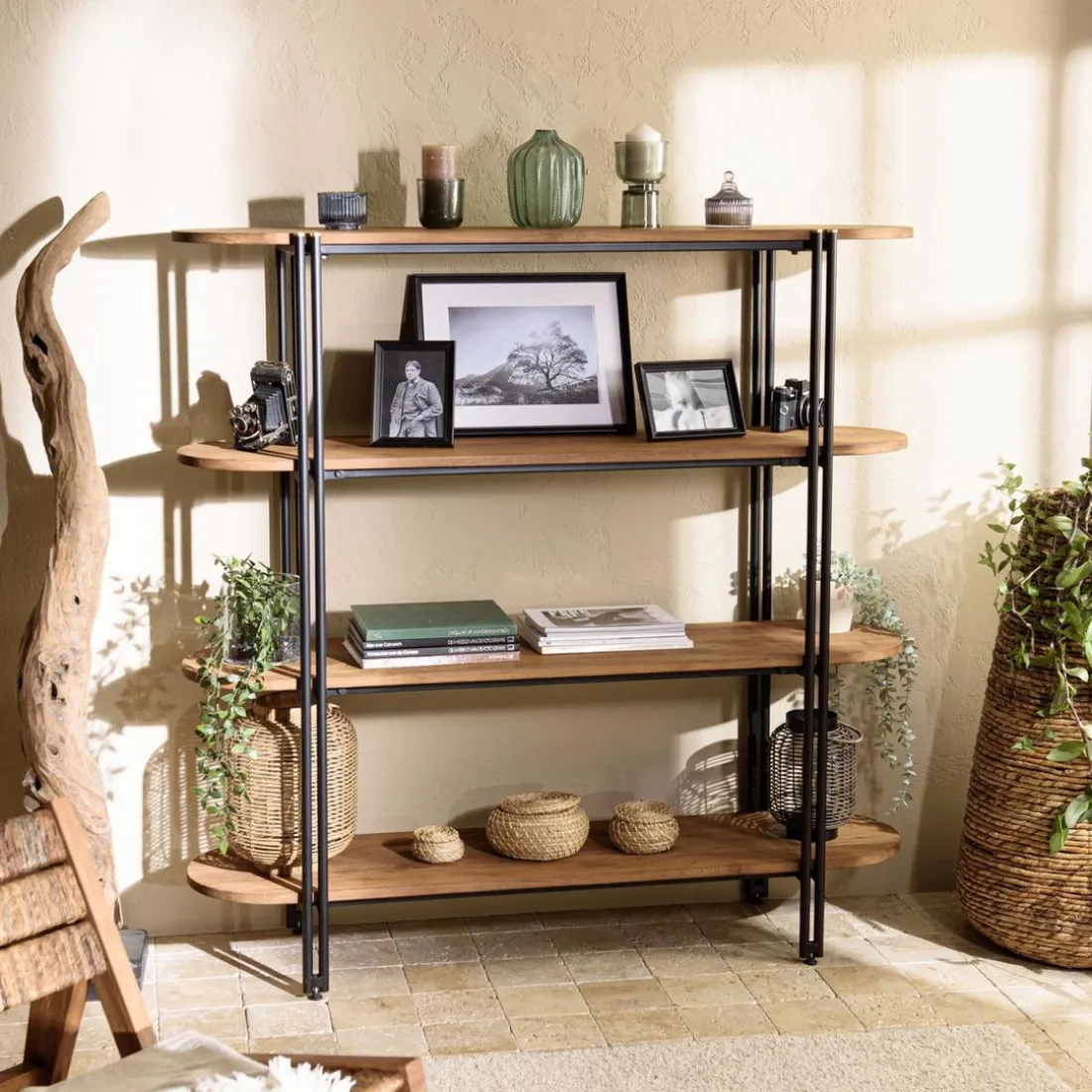 Étagère 4 niveaux open space en teck recyclé coins arrondis