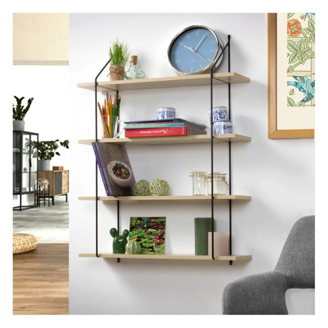 Étagère Murale 4 Niveaux Décor Bois avec Support en métal
