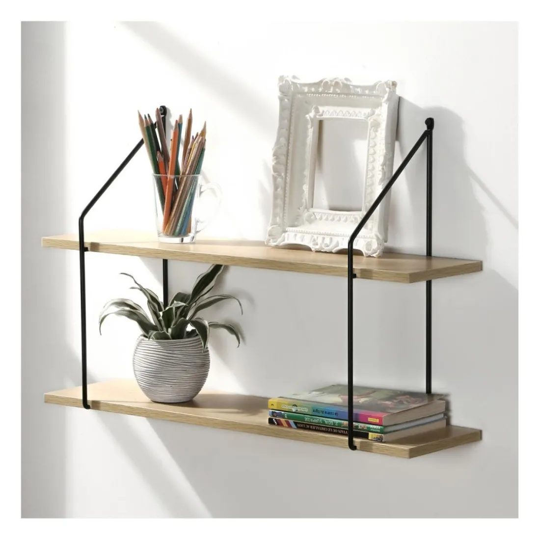 Étagère murale 2 niveaux plateau en bois et support métal
