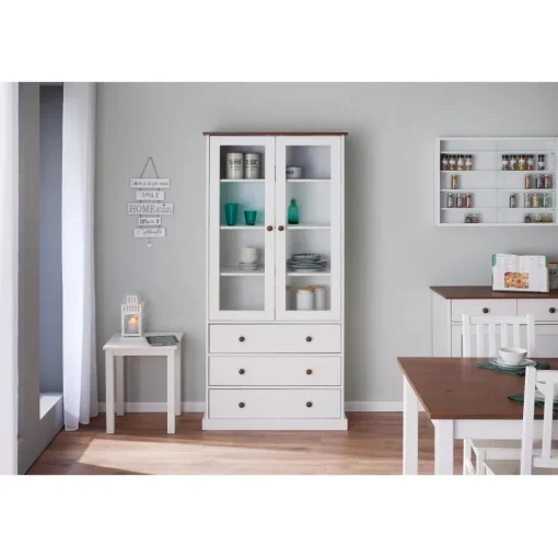 Vaisselier 2 portes vitrées 3 tiroirs WESTERLAND pin massif vernis blanc