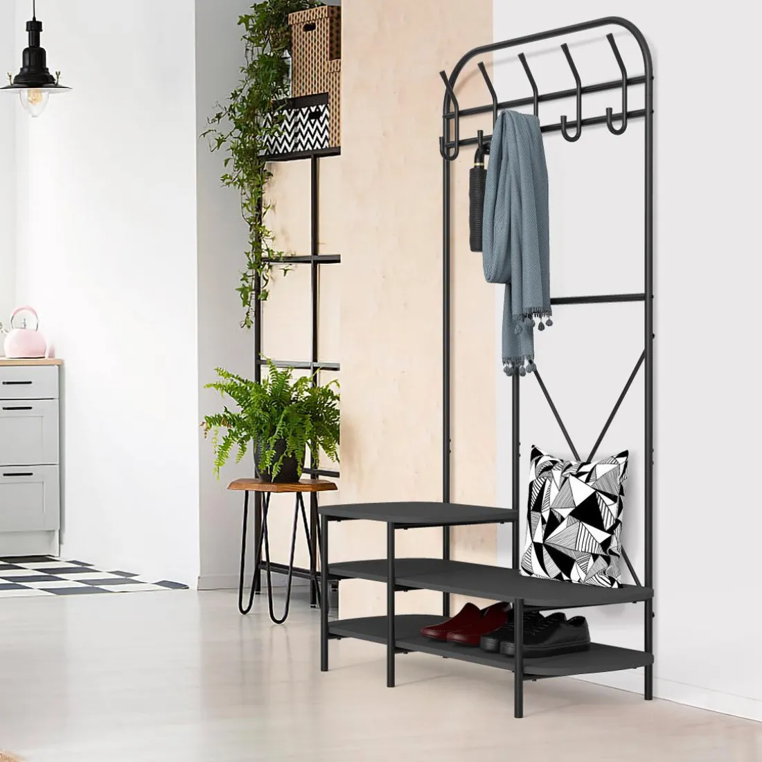 Vestiaire d'entrée 3 niveaux et 5 crochets Noir Style Industriel