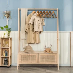 Vestiaire Entrée Bois Massif Porte Manteau Rotin